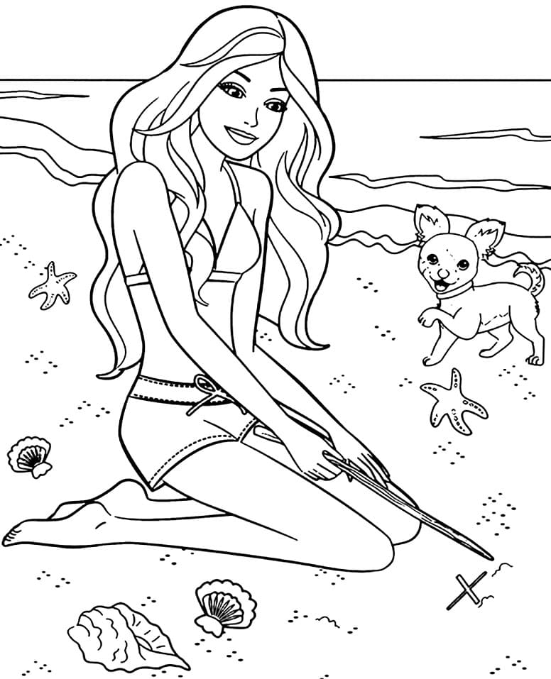 Barbie ja pentu rannalla Värityskuva