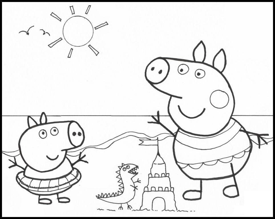 Peppa ja George rannalla Värityskuva