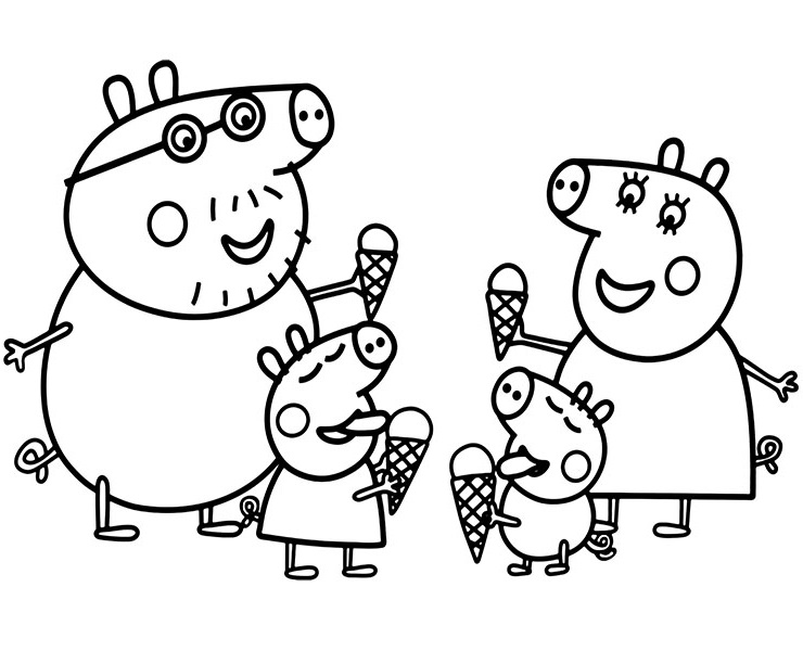 Peppa-sikaperhe jäätelön kanssa Värityskuva