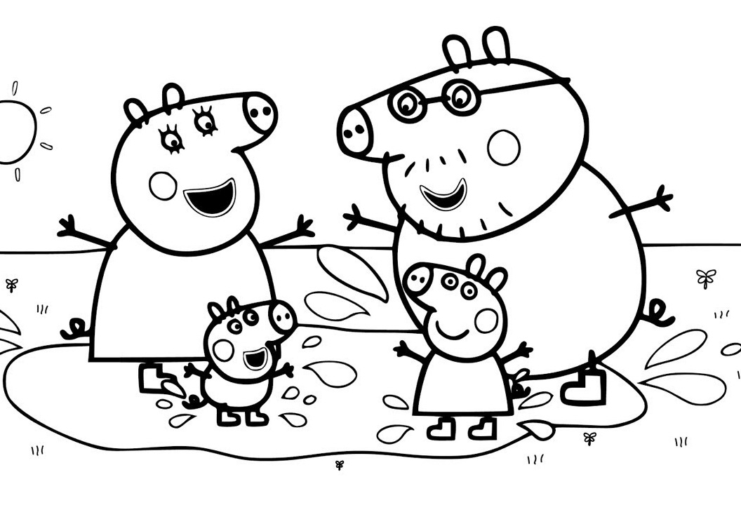 Peppa-sikaperhe pitää hauskaa Värityskuva