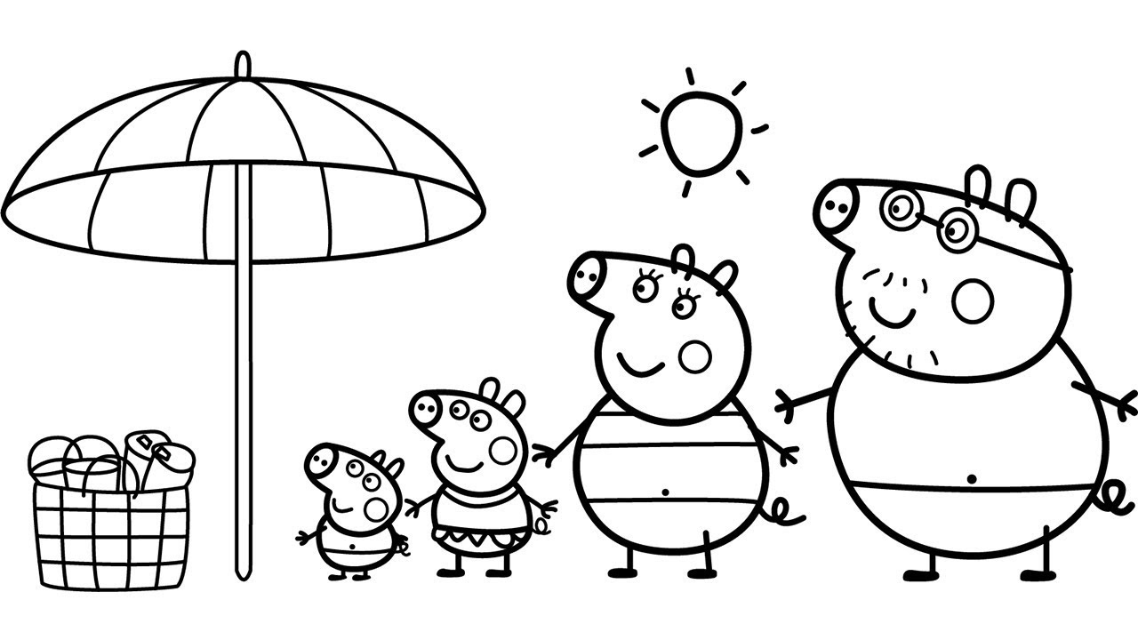 Peppa-sikaperhe rannalla Värityskuva