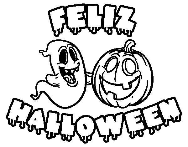Hyvää Halloweenia kummituksen ja kurpitsan kanssa Värityskuva