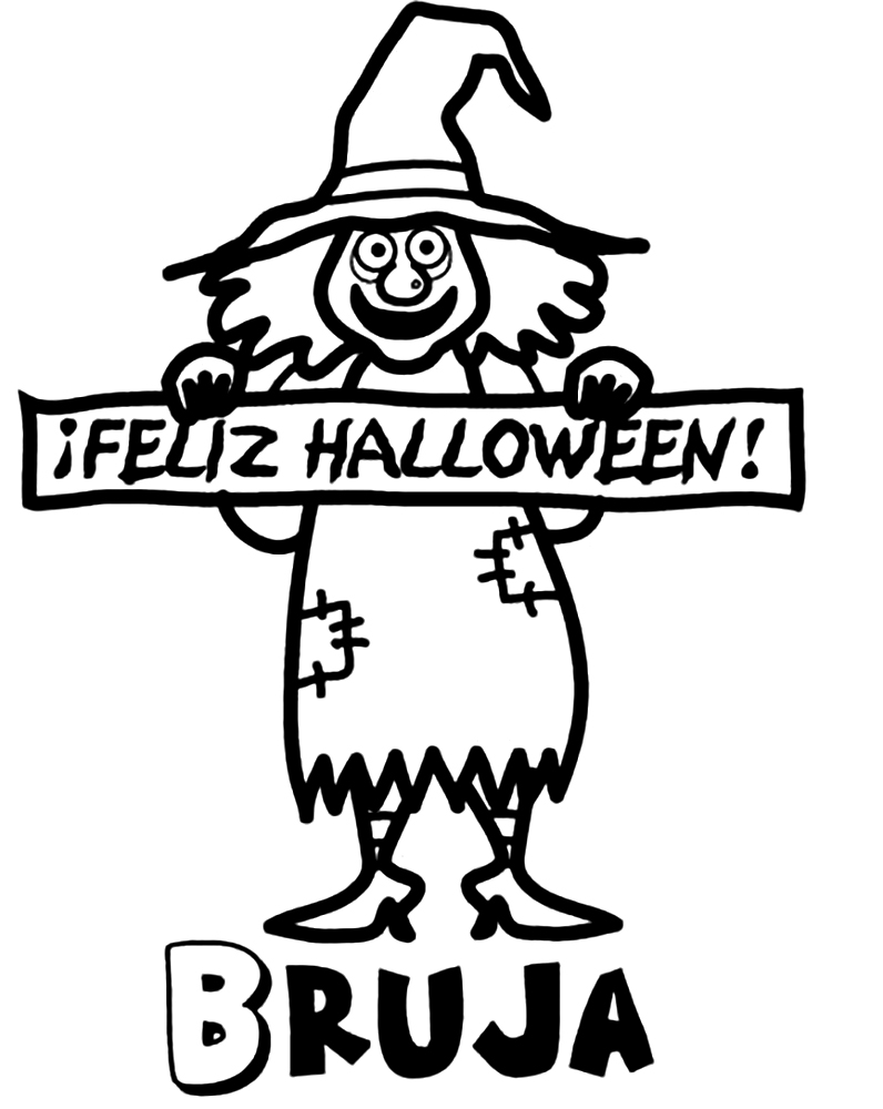 Hyvää Halloweenia noidan kanssa Värityskuva