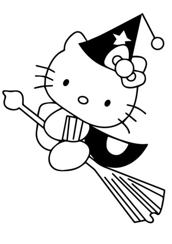 Hello Kitty lentää luudalla Värityskuva