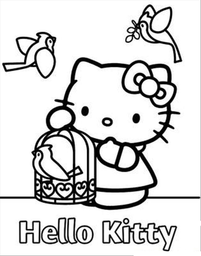Hello Kitty lintujen kanssa Värityskuva