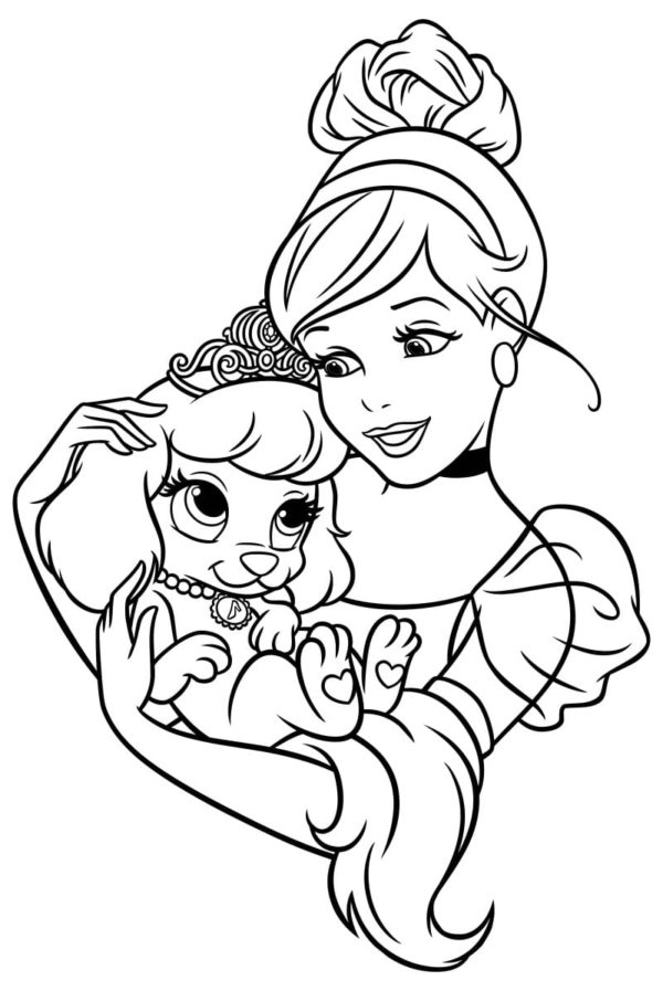 Cinderella lemmikkinsä Pumpkinin kanssa. Värityskuva