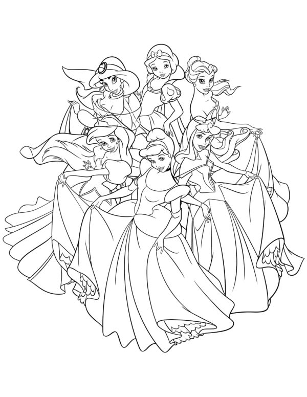 Kaikki Disneyn prinsessat. Ne ovat kaikki niin kauniita! Värityskuva