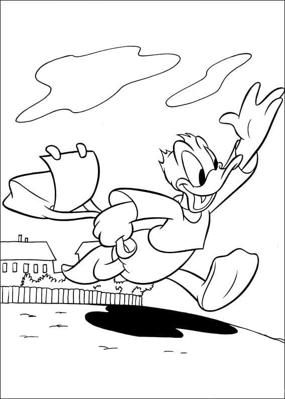 Kekseliäällä Donaldilla on kiire kertoa suunnitelmastaan ystävilleen! Värityskuva
