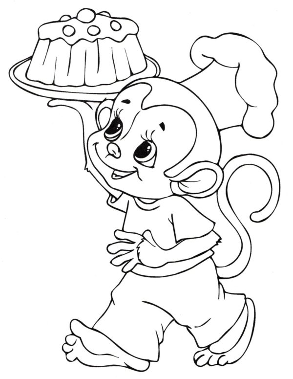 Monkey go happy with a cake. Värityskuva