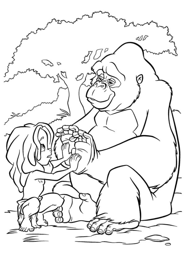 Pieni Tarzan ja gorilla. Värityskuva