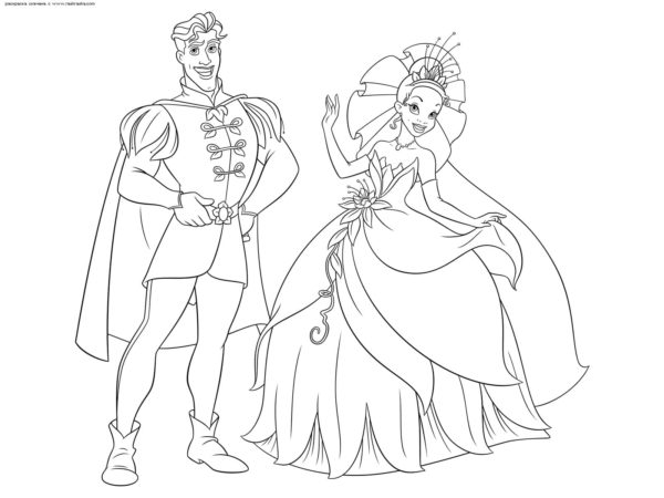 Prinsessa Tiana prinssin kanssa Värityskuva