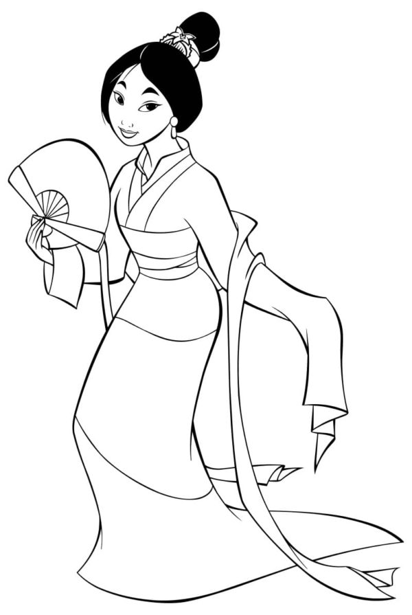 Rohkea ja vapautta rakastava kaunotar Mulan. Värityskuva