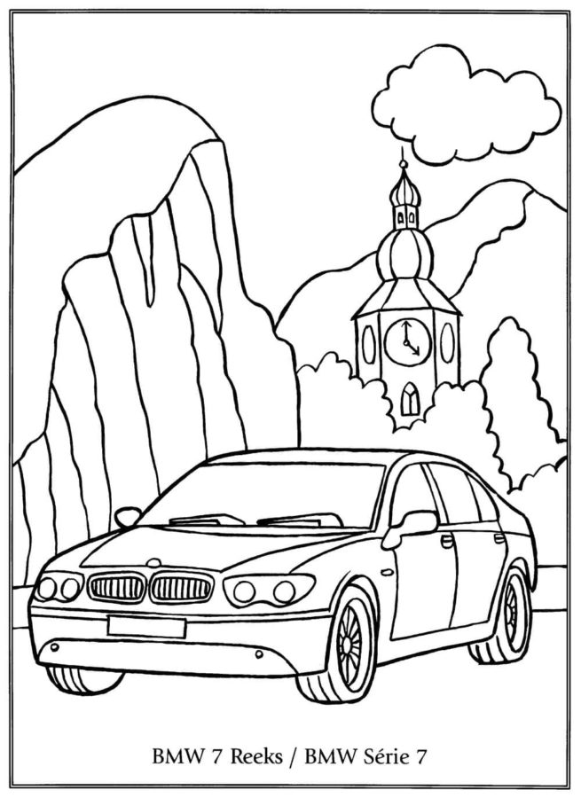 BMW 7 kirkon edessä. Värityskuva