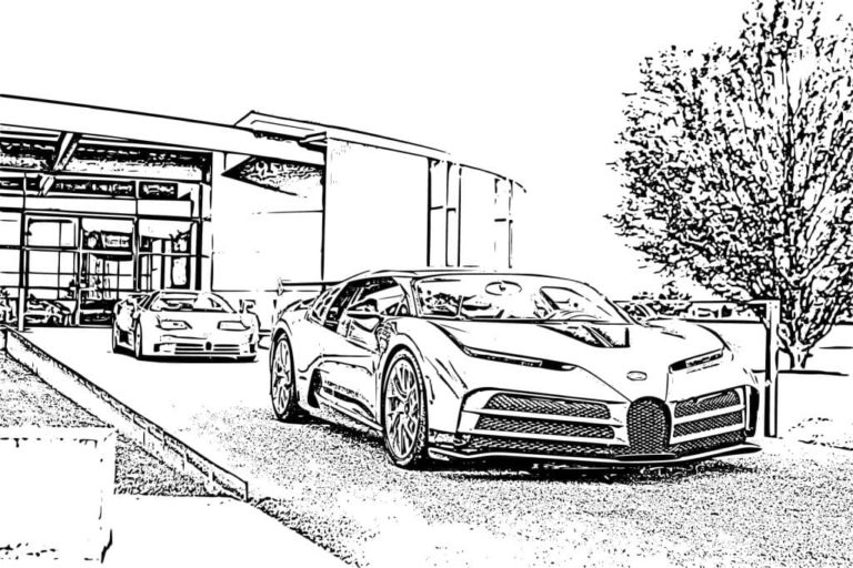 Bugatti rakennuksen edessä. Värityskuva