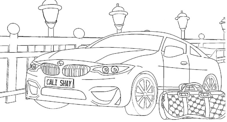 Matkalaukku lähellä BMW tä. Värityskuva