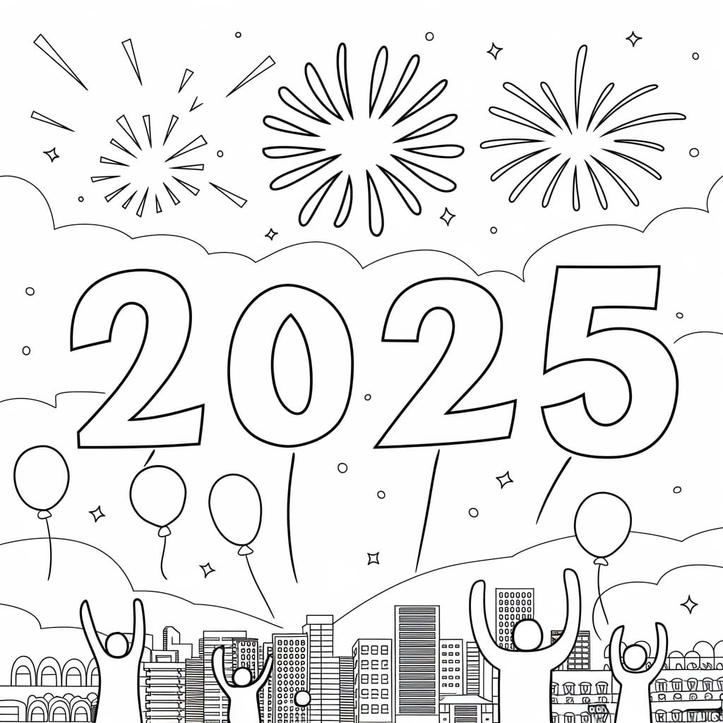 Ilmainen tulostettava Hyvää uutta vuotta 2025 Värityskuva