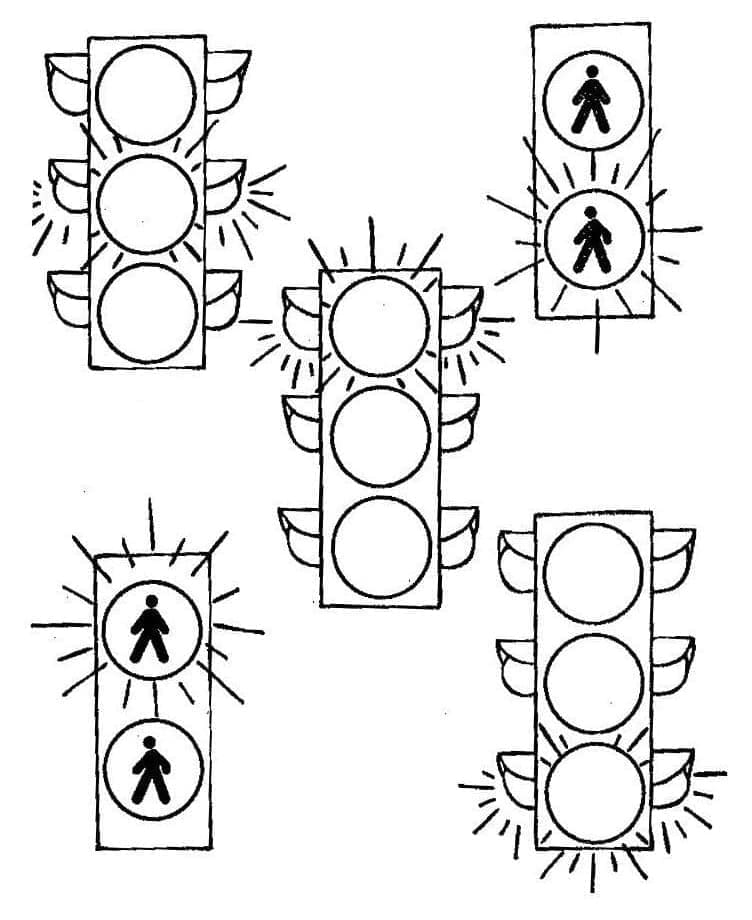 Viisi liikennevaloa Värityskuva