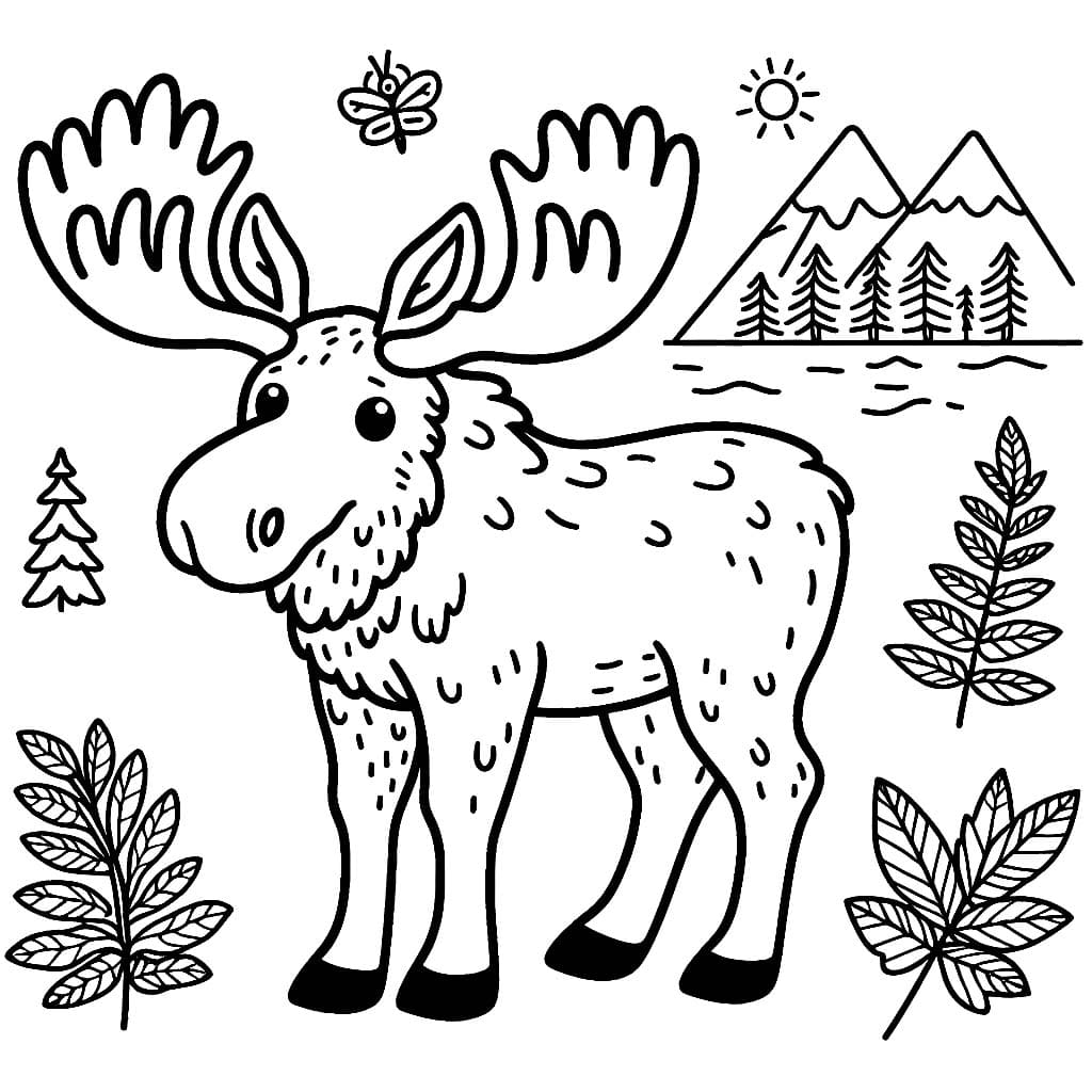 Hirvi vuoren ja puun kanssa Värityskuva