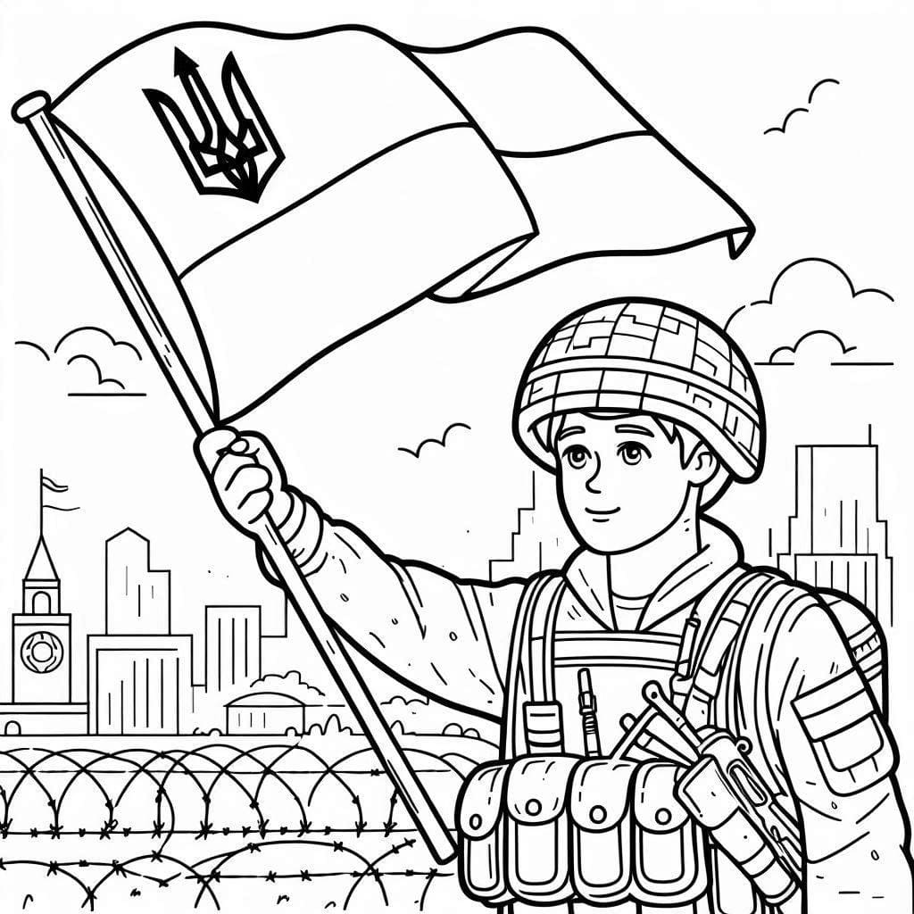 Sotilas nostaa Ukrainan lippua Värityskuva