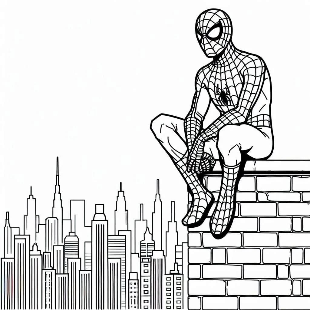 Spiderman istuu savupiipun päällä Värityskuva