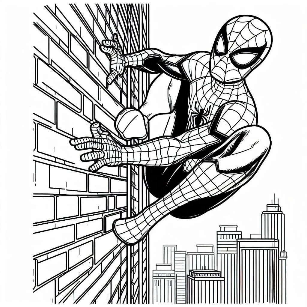 Spiderman kiipeää seinälle Värityskuva