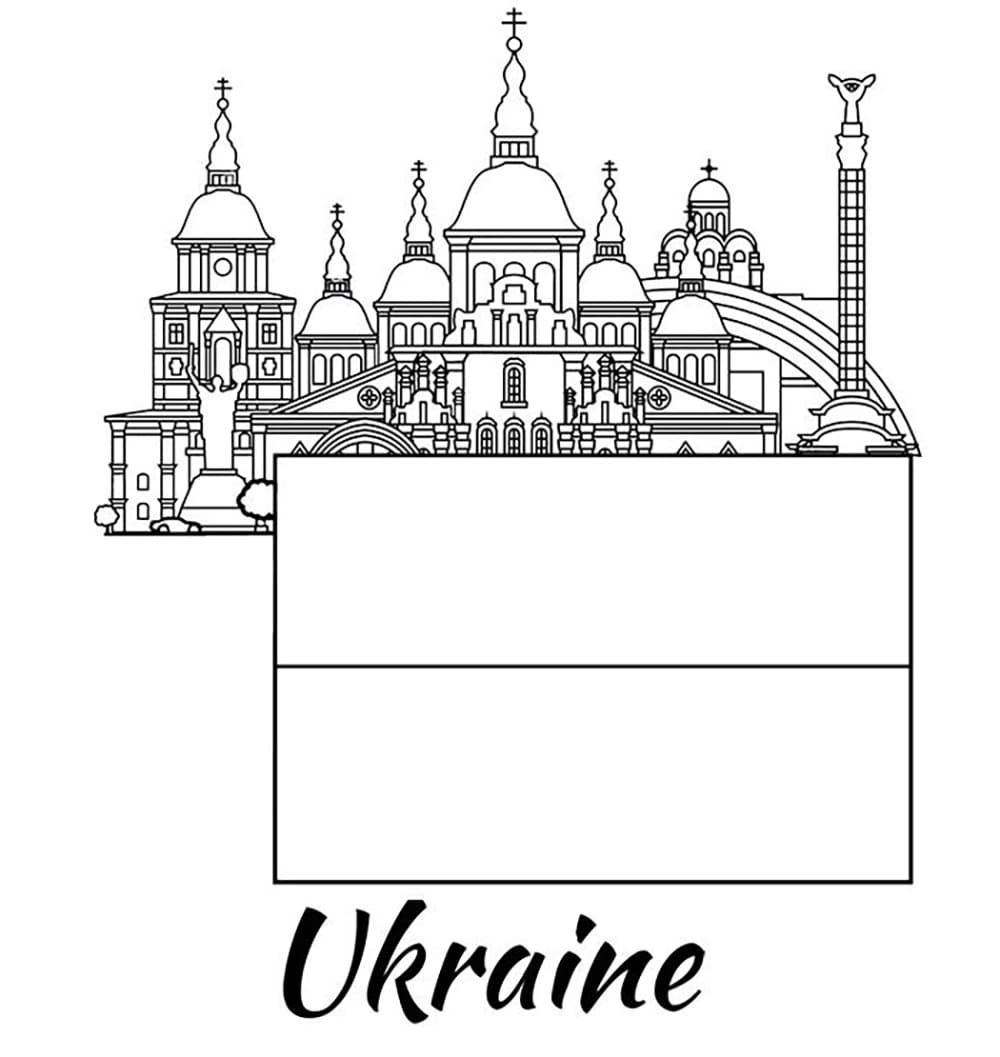 Ukrainan lippu ja rakennukset Värityskuva