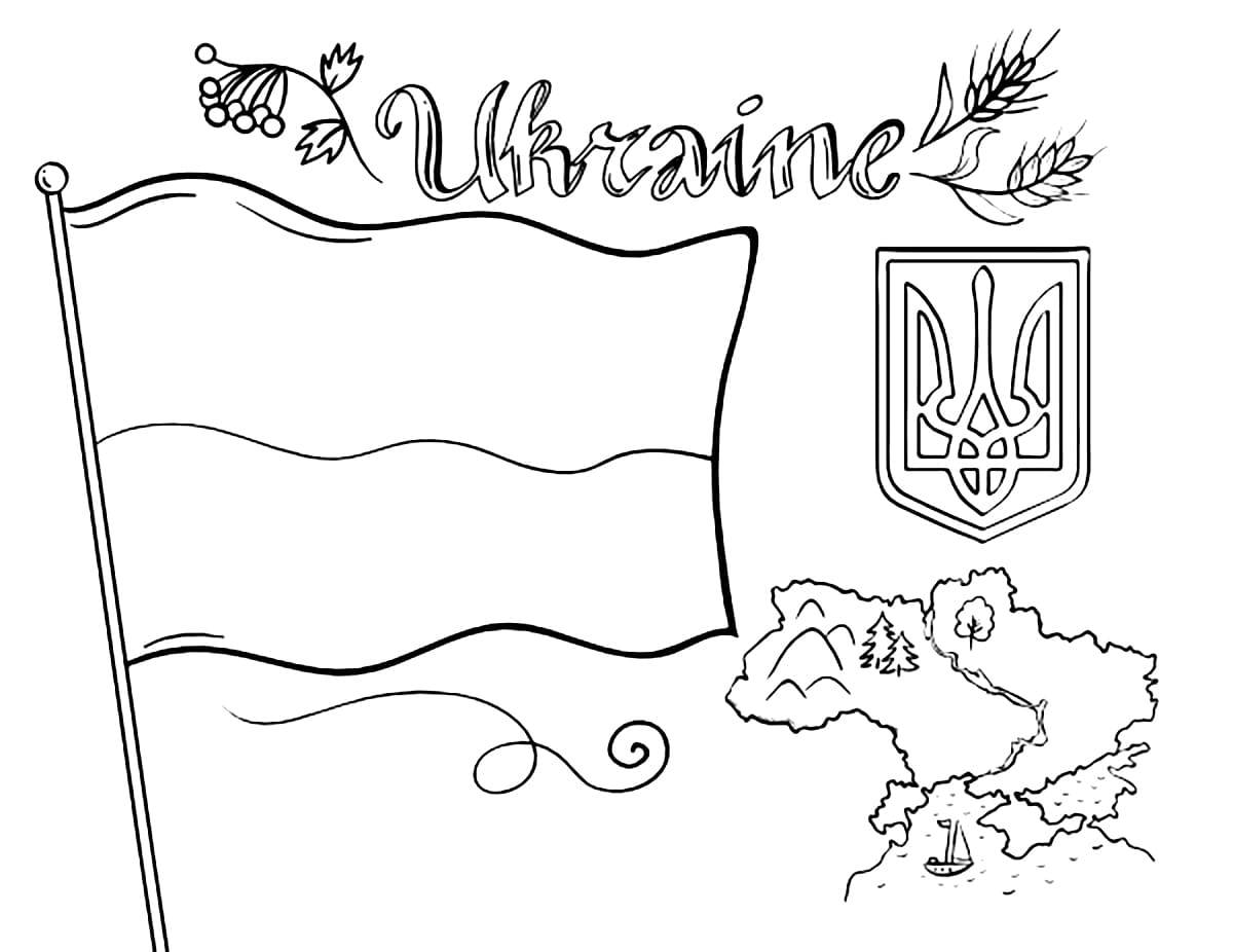 Ukrainan lippu kartalla ja vaakunalla Värityskuva