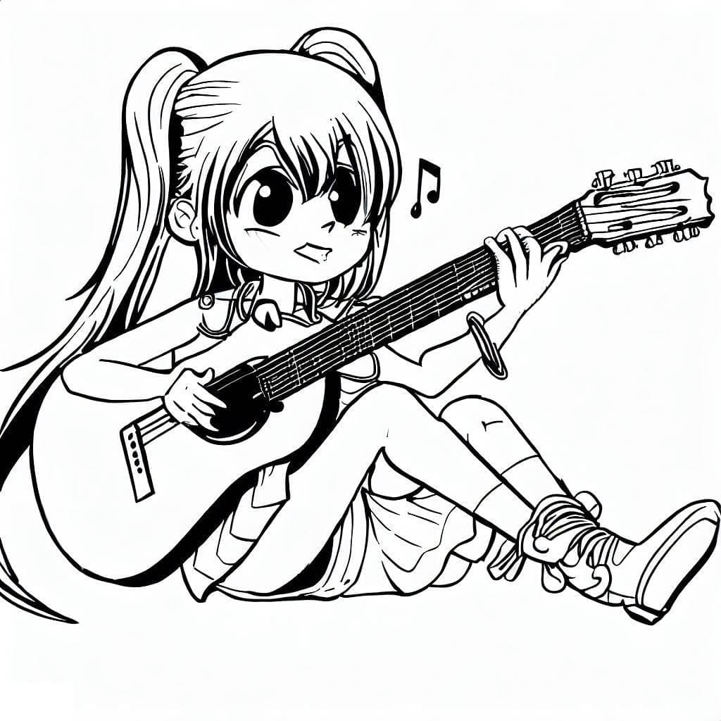Anime tyttö kitaran kanssa Värityskuva