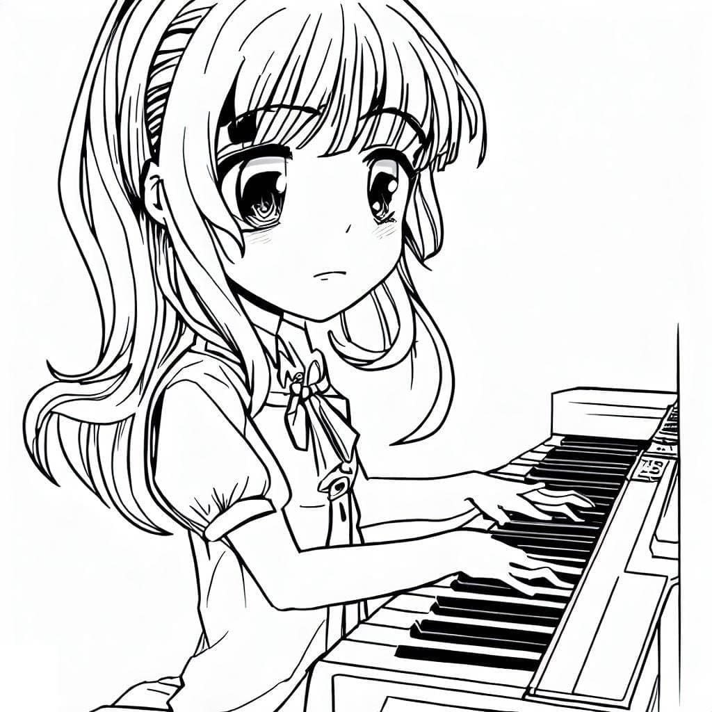 Anime tyttö soittaa pianoa Värityskuva