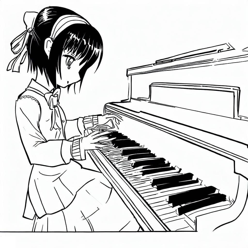Animetyttö soittaa pianoa Värityskuva