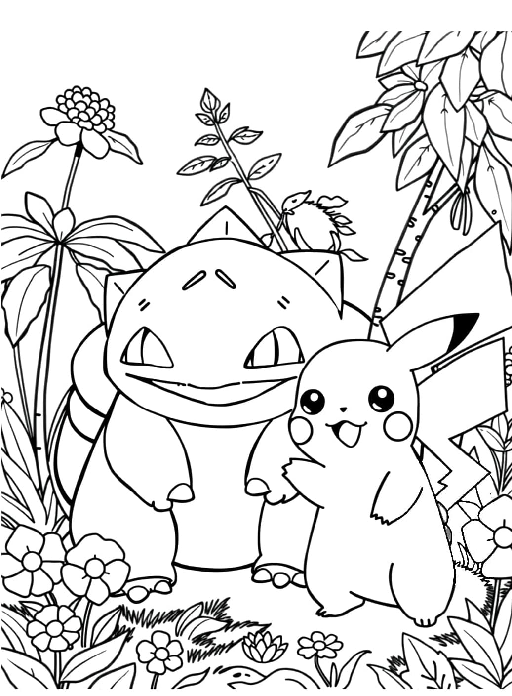 Bulbasaur ja Pikachu sarjakuva Värityskuva