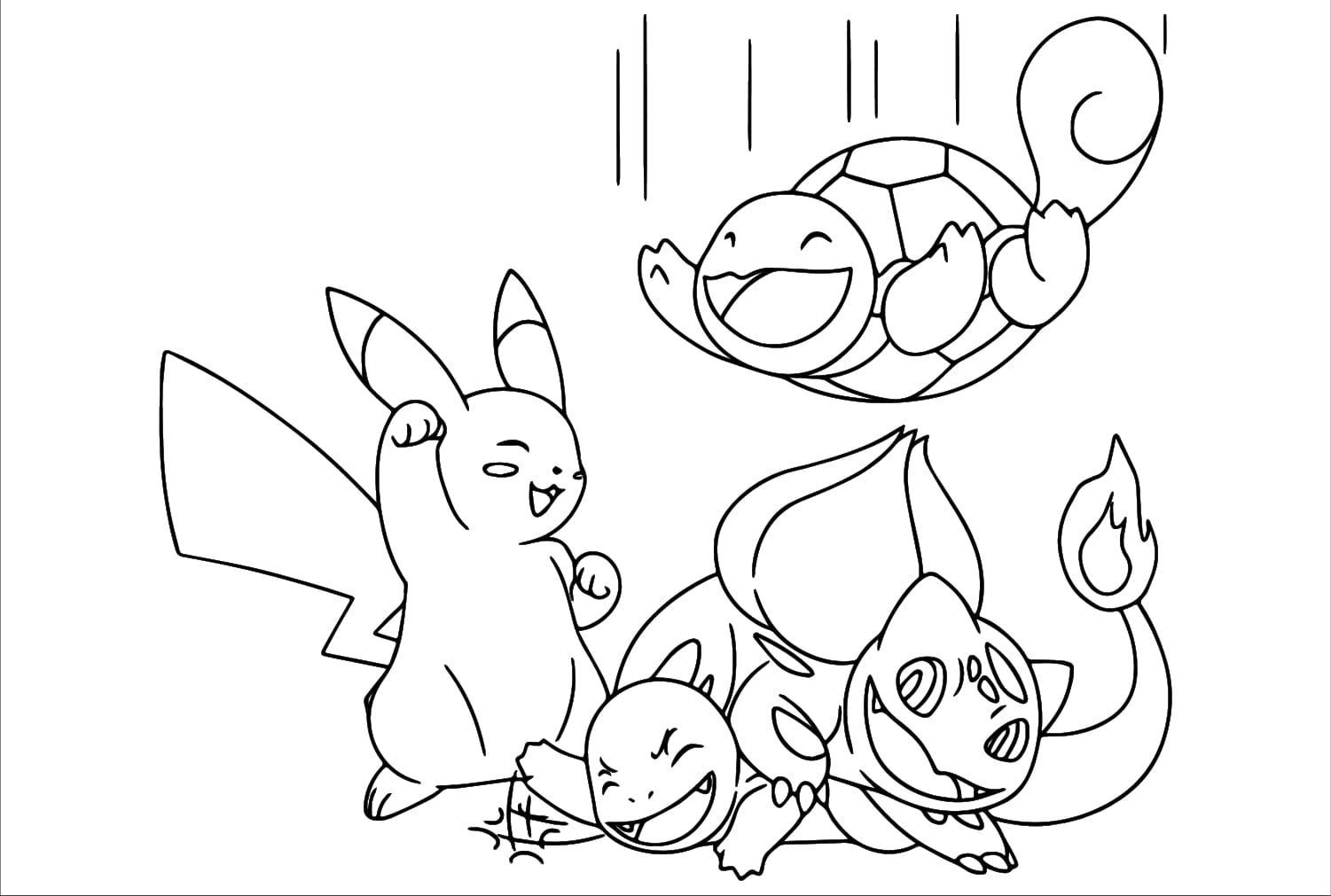 Pikachu ja Squirtle, Charmander, Bulbasaur Värityskuva
