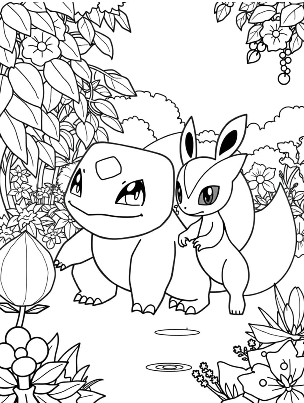 Sarjakuva Bulbasaur ja Mewtwo Värityskuva