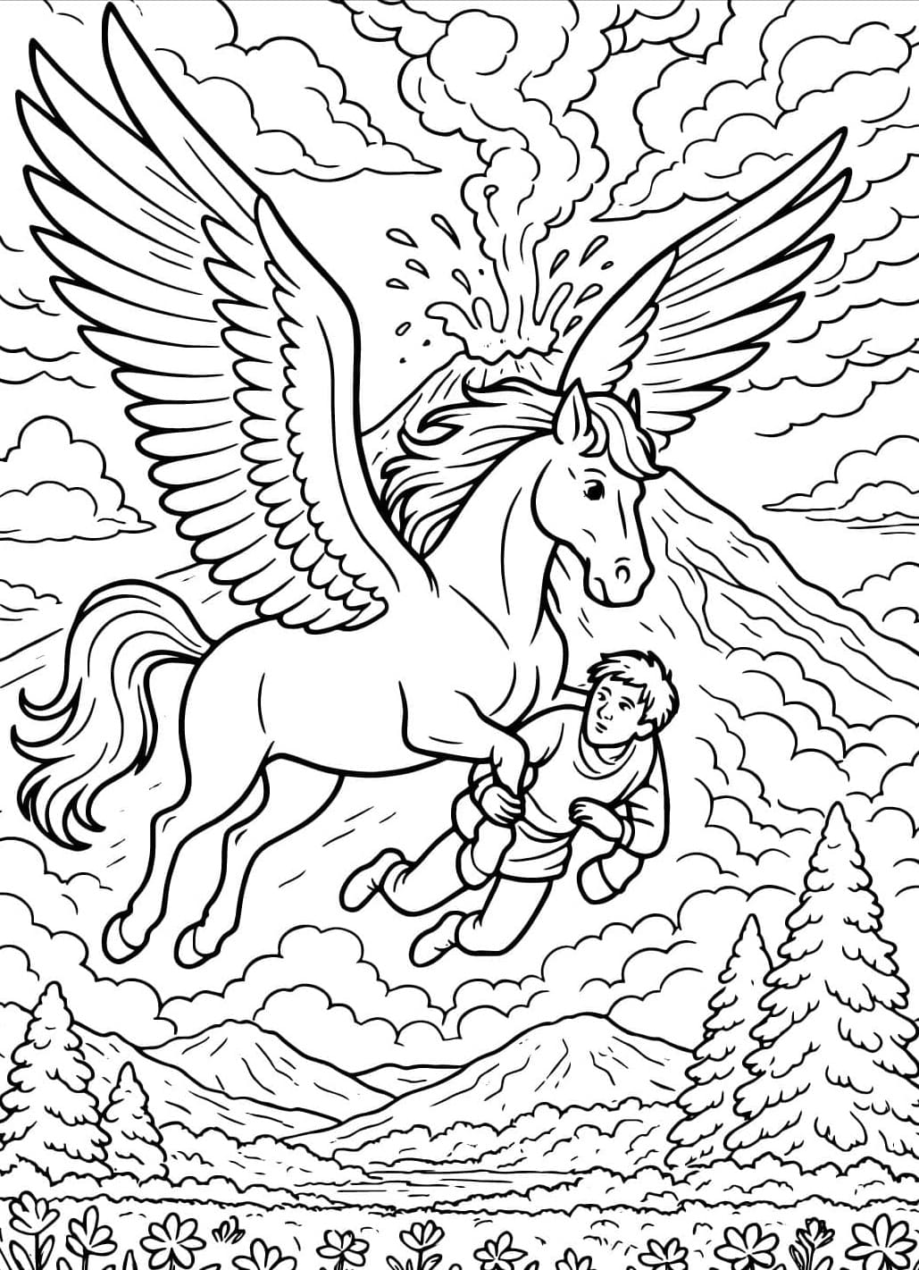Pegasus ja sarvi Värityskuva
