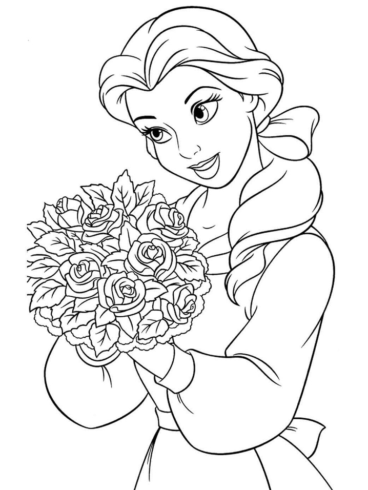 Coloriage Belle avec Bouquet de Roses à imprimer