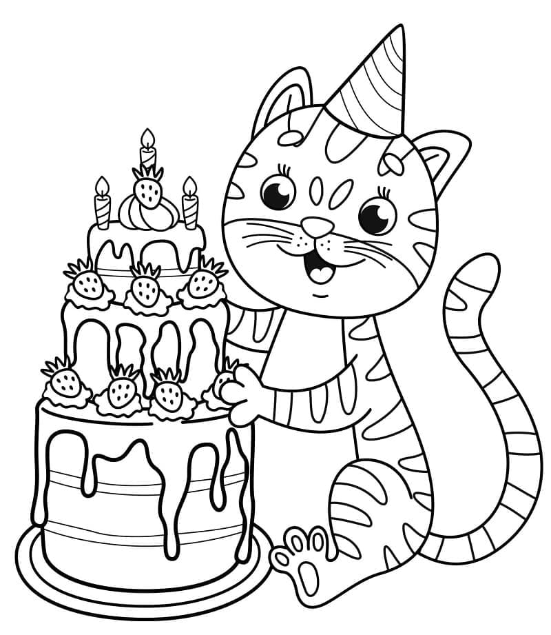 Coloriage chat et gâteau d'anniversaire