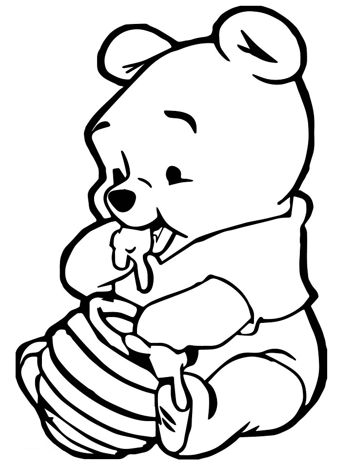 Coloriage Bébé Pooh Mangeant du Miel à imprimer