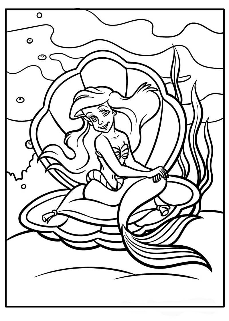 Coloriage Ariel assise dans un coquillage