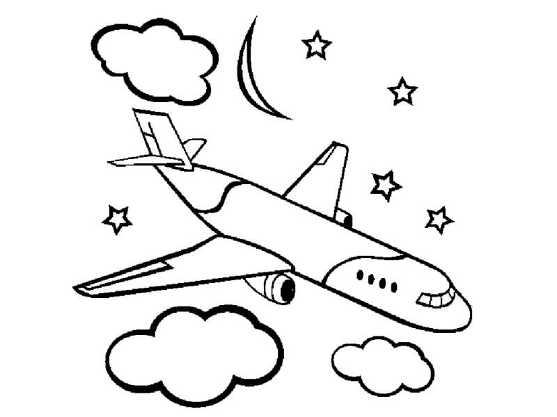 Coloriage Avion avec lune et étoiles à imprimer