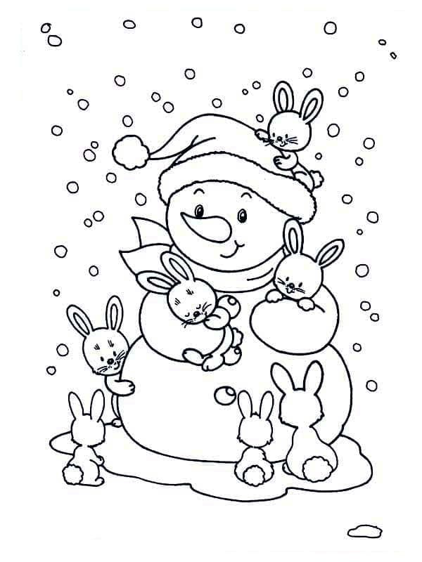 Coloriage Bonhomme de Neige et Lapins