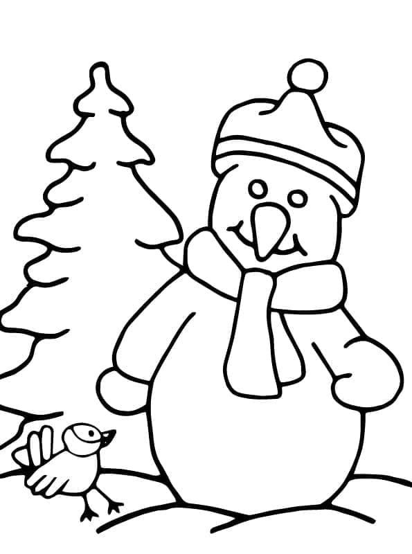 Coloriage Bonhomme De Neige et Un Oiseau