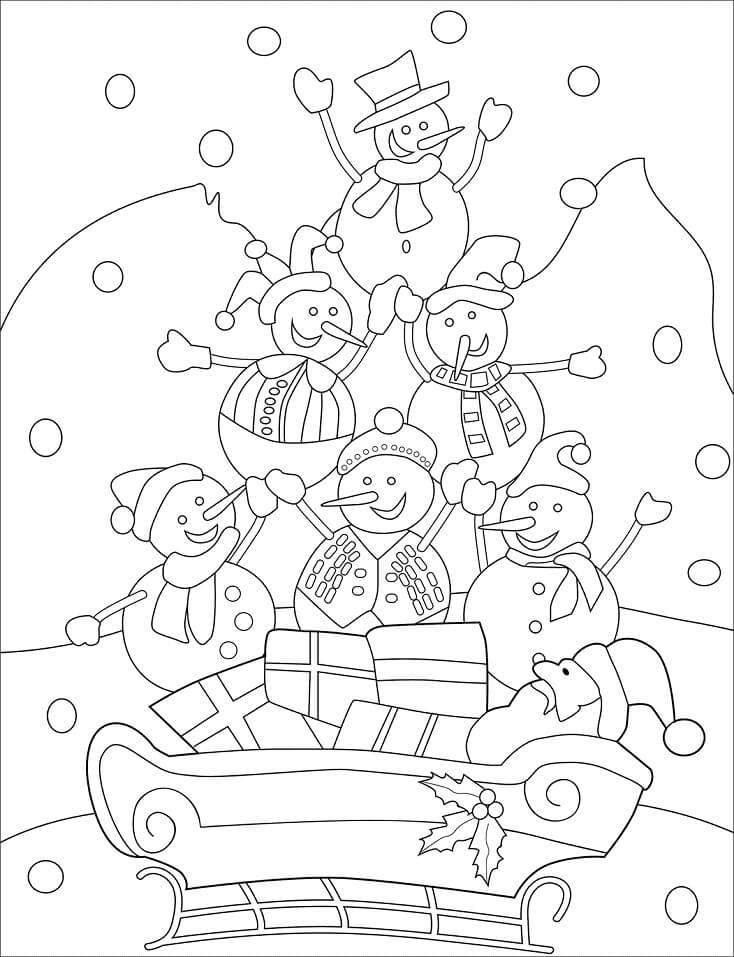 Coloriage Bonhommes de neige avec le Père Noël à imprimer