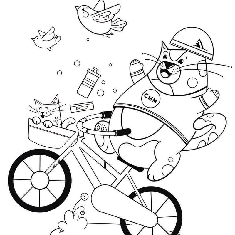 Coloriage Chats drôles avec un vélo