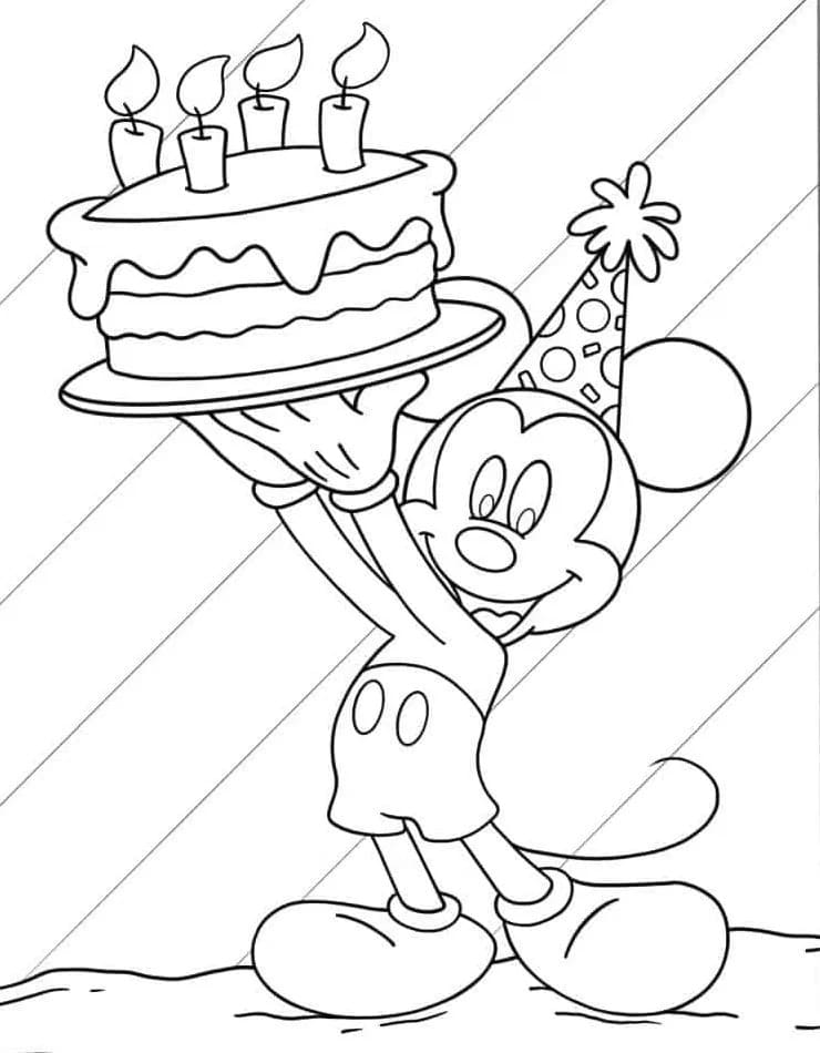 Coloriage Dessine Mickey Mouse et un gâteau d'anniversaire