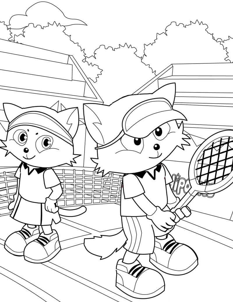 Coloriage Deux chats jouant au tennis