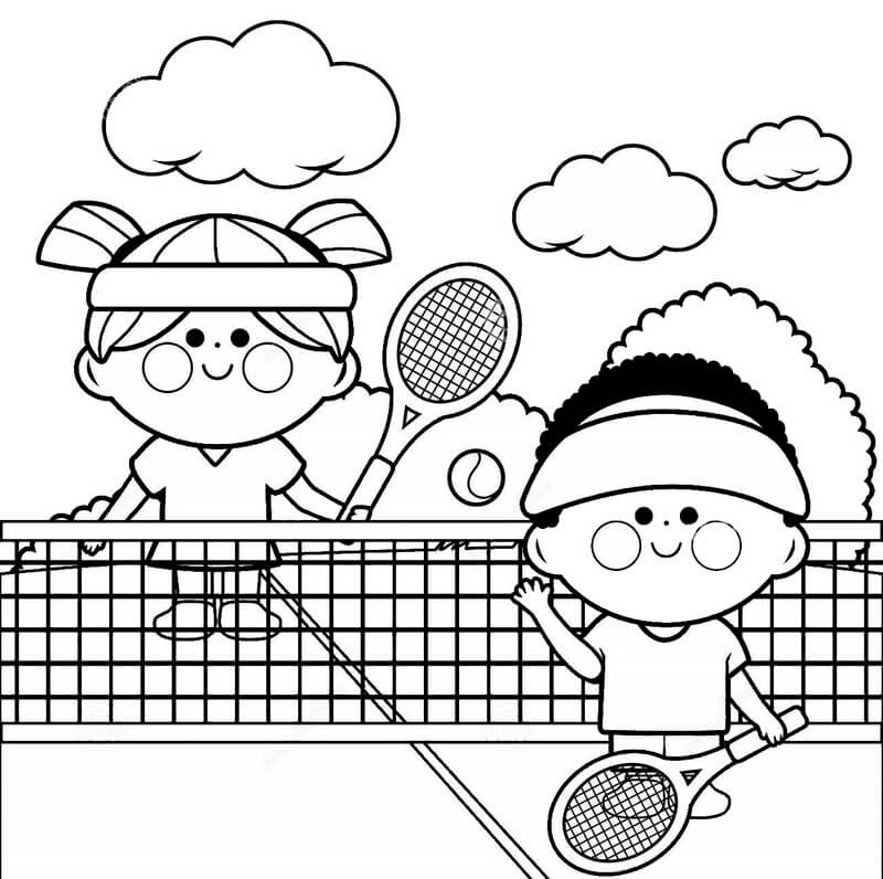 Coloriage Deux enfants jouant au tennis