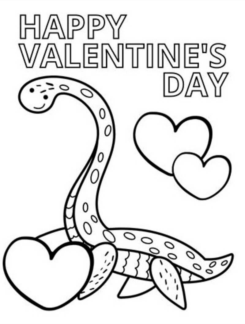 Coloriage Dinosaure à long cou Happy Valentine day à imprimer