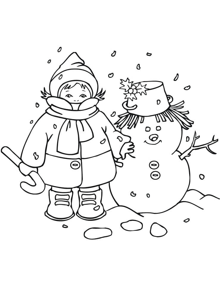 Coloriage Enfant et bonhomme de neige à imprimer