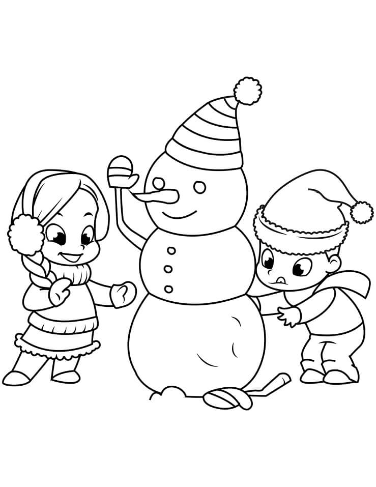 Coloriage Enfants assemblant un bonhomme de neige à imprimer
