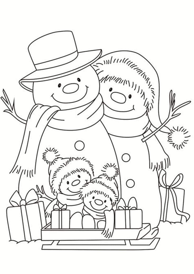 Coloriage Famille de Bonhommes de Neige